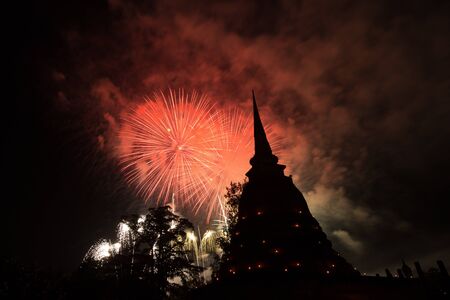 Fireworks in Loy Krathong festival at Sukhothai History Park, Thailandの写真素材