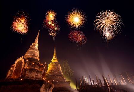 Fireworks festival at Sukhothai History Park, Thailandの写真素材