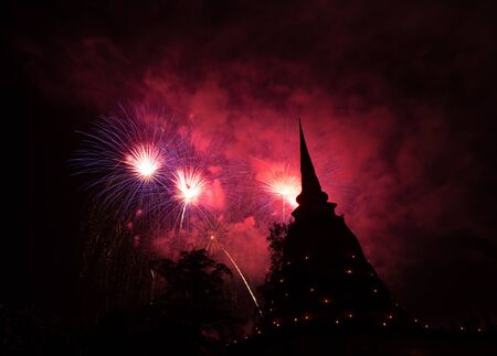 Fireworks in Loy Krathong festival at Sukhothai History Park, Thailandの写真素材
