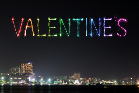 Valentine's sparkle Fireworks celebrating over Pattaya beach at night, Thailandの写真素材