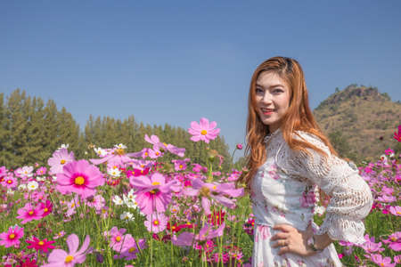beautiful woman with the cosmos flower fieldの写真素材