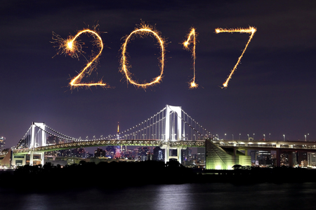 2017 New Year Fireworks celebrating over Tokyo Rainbow Bridge at Night, Odaiba, Japan