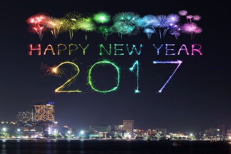 2017 Happy New Year Fireworks celebrating over Pattaya beach at night, Thailand