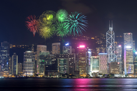 Fireworks Festival over Hong Kong city, view from Victoria Harbourの写真素材