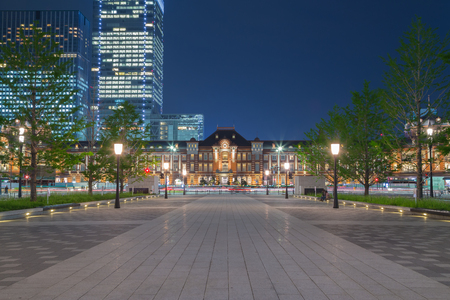 Walkway in front of Tokyo Station at night, Tokyo, Japanのeditorial素材