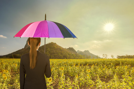 business woman holding multicolored umbrella in sunflower field and sun lightの写真素材