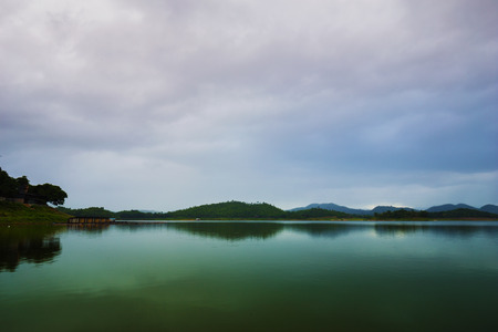 Landscape view of river and mountain in Kanchanaburi, Thailandの写真素材
