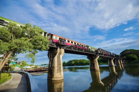 KANCHANABURI, THAILAND - June 24, 2017: Train on the Bridge River Kwai in Kanchanaburi, Thailand