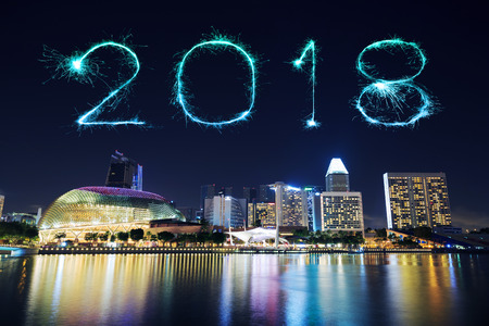 2018 Happy new year firework Sparkle with Singapore cityscape at nightのeditorial素材