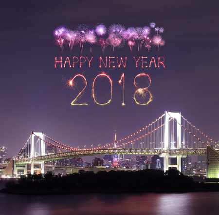 2018 Happy new year firework Sparkle with Rainbow bridge at night, tokyo cityscape, Japan