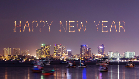 Happy new year firework Sparkle with Pattaya cityscape at night, Thailandの写真素材
