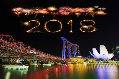 2018 Happy new year firework Sparkle with the Helix Bridge at night, urban landscape of Singaporeのeditorial素材