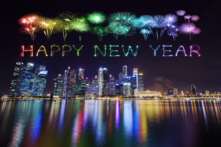 Happy new year firework Sparkle with central business district building of Singapore city at nightのeditorial素材