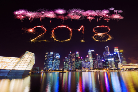 2018 Happy new year firework Sparkle with central business district building of Singapore city at...