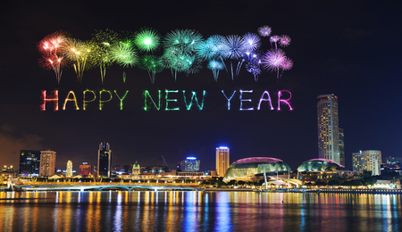 Happy new year firework Sparkle with cityscape of Singapore city at nightのeditorial素材