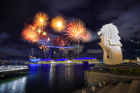 beautiful firework over Merlion park in Singapore city at nightのeditorial素材
