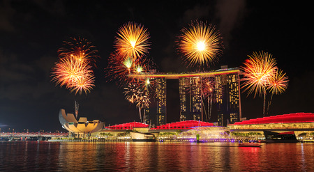 beautiful firework over marina bay at night, urban landscape of Singaporeのeditorial素材