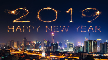 2019 Happy new year firework Sparkle with Bandkok cityscape at nightの写真素材