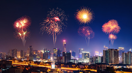 Happy new year firework Sparkle with Bandkok cityscape at nightの写真素材