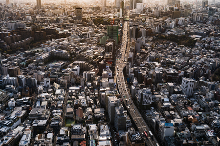 TOKYO, JAPAN - March 27, 2019: Aerial view of the Metropolitan Expressway no.3 Shibuya Line and city, view from Roppongi hills Mori Tower.のeditorial素材
