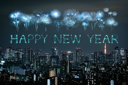 Happy New Year fireworks celebrating over Tokyo cityscape at night, Japanの写真素材