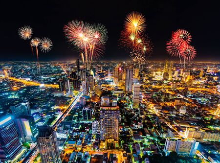 beautiful Fireworks celebrating over Bangkok cityscape at night, Thailandの写真素材