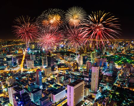 beautiful Fireworks celebrating over Bangkok cityscape at night, Thailandの写真素材