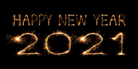 2021 happy new year fireworks written sparkling sparklers at night