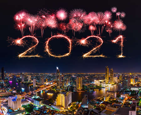 2021 happy new year fireworks celebrating over Chao Phraya river in Bangkok city at night, Thailandの写真素材