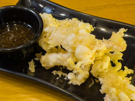 tempura shrimps (deep fried shrimps) with sauce, Japanese foodの写真素材