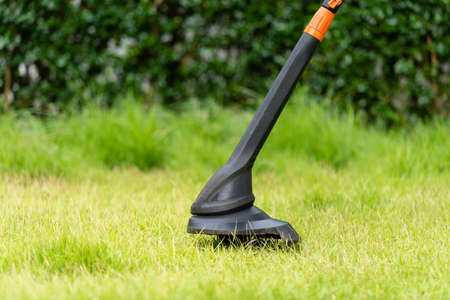 string lawn trimmer mower on the green grass at home