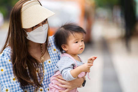 woman with medical mask while holding baby in the city