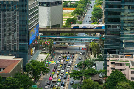 Bangkok, Thailand - April 24 ,2022 : traffic in Witthayu road and sky train in Bangkok city, Thailandのeditorial素材