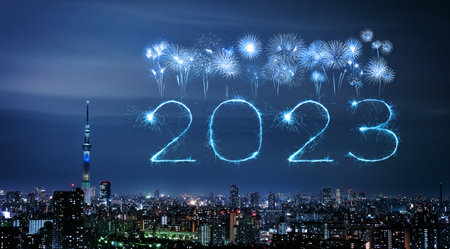2023 happy new year fireworks celebrating over Tokyo cityscape at night, Japan