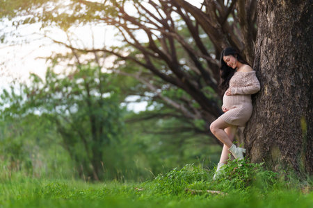 pregnant woman standing and looking her belly in the parkの写真素材