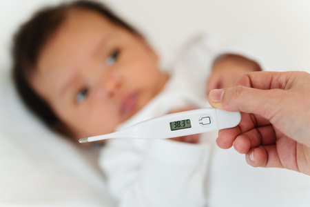 mother measuring temperature of her ill baby. sick child with high fever on a bed