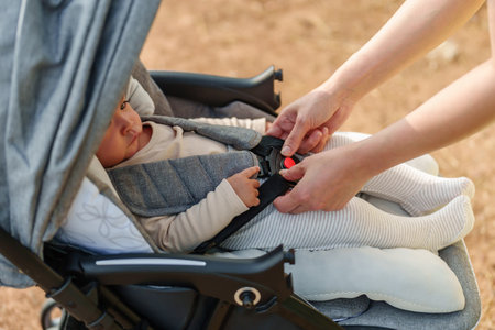 woman fastening belt on the stroller with baby