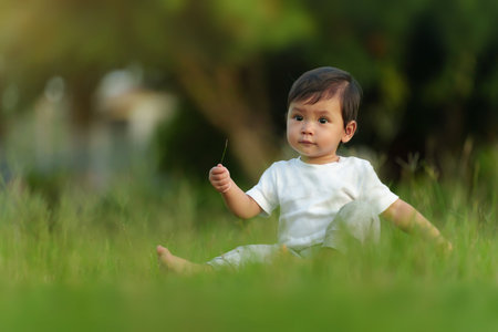 infant baby sitting and playing grass flower in field at the park