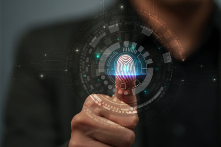 businessman scan fingerprint provides security access for identity verification biometrics. digital technologyの写真素材