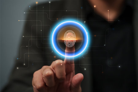 businessman scan fingerprint provides security access for identity verification biometrics. digital technologyの写真素材