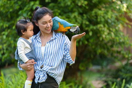 happy mother and her daughter feeding blue-and-yellow macaw (Ara ararauna) bird on handの写真素材