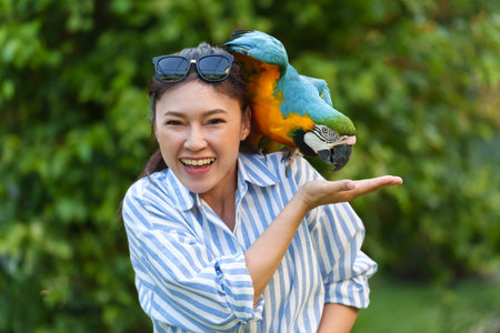 happy woman feeding blue-and-yellow macaw (Ara ararauna) bird on her handの写真素材