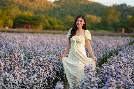 beautiful woman in a dress enjoying purple marguerite flower blooming in fieldの写真素材