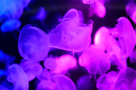 colorful Moon Jellyfish moving underwater. light reflection in waterの写真素材