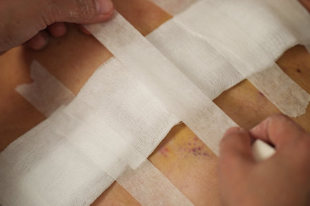 doctor is bandaging of patient after cleaning the wound from heart surgery (Heart Valve Regurgitation)の写真素材