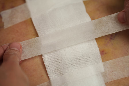 doctor is bandaging of patient after cleaning the wound from heart surgery (Heart Valve Regurgitation)の写真素材