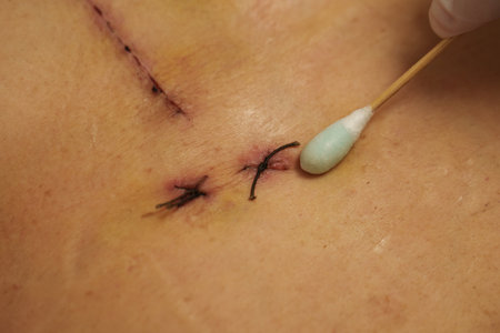 doctor using alcohol and cotton bud cleaning wound from open heart surgery on the female body (Heart Valve Regurgitation)の写真素材