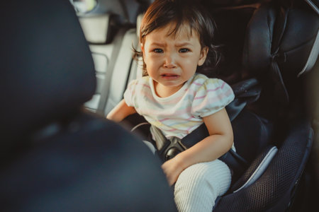 crying toddler girl sitting in a car seat, safety baby chair travellingの写真素材