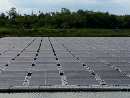 floating solar cell power plant generate the electric on the lakeの写真素材