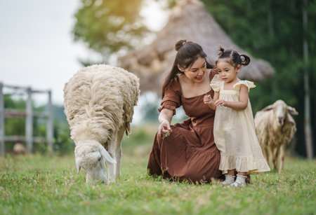 happy mother with toddler baby girl resting with sheep on a fieldの写真素材